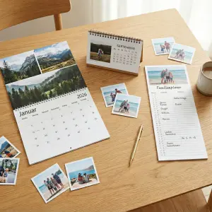 Hochwertige Fotokalender Made in Germany: Brillanter Druck und stabile Verarbeitung, arrangiert auf einem Holztisch
