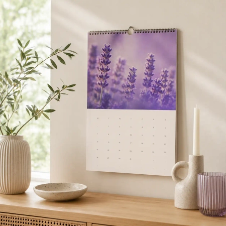 Monatskalender mit Lavendelmotiv an heller Wand in einem minimalistischen Wohnraum