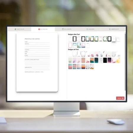 Lehrerkalender Widmung gestalten: Der Online-Editor zeigt die erste Seite des Planers. Hier können Kontaktdaten und ein Lebensmotto eingetragen werden – eine ideale Möglichkeit, den Kalender auch als persönliches Geschenk für Lehrer vorzubereiten