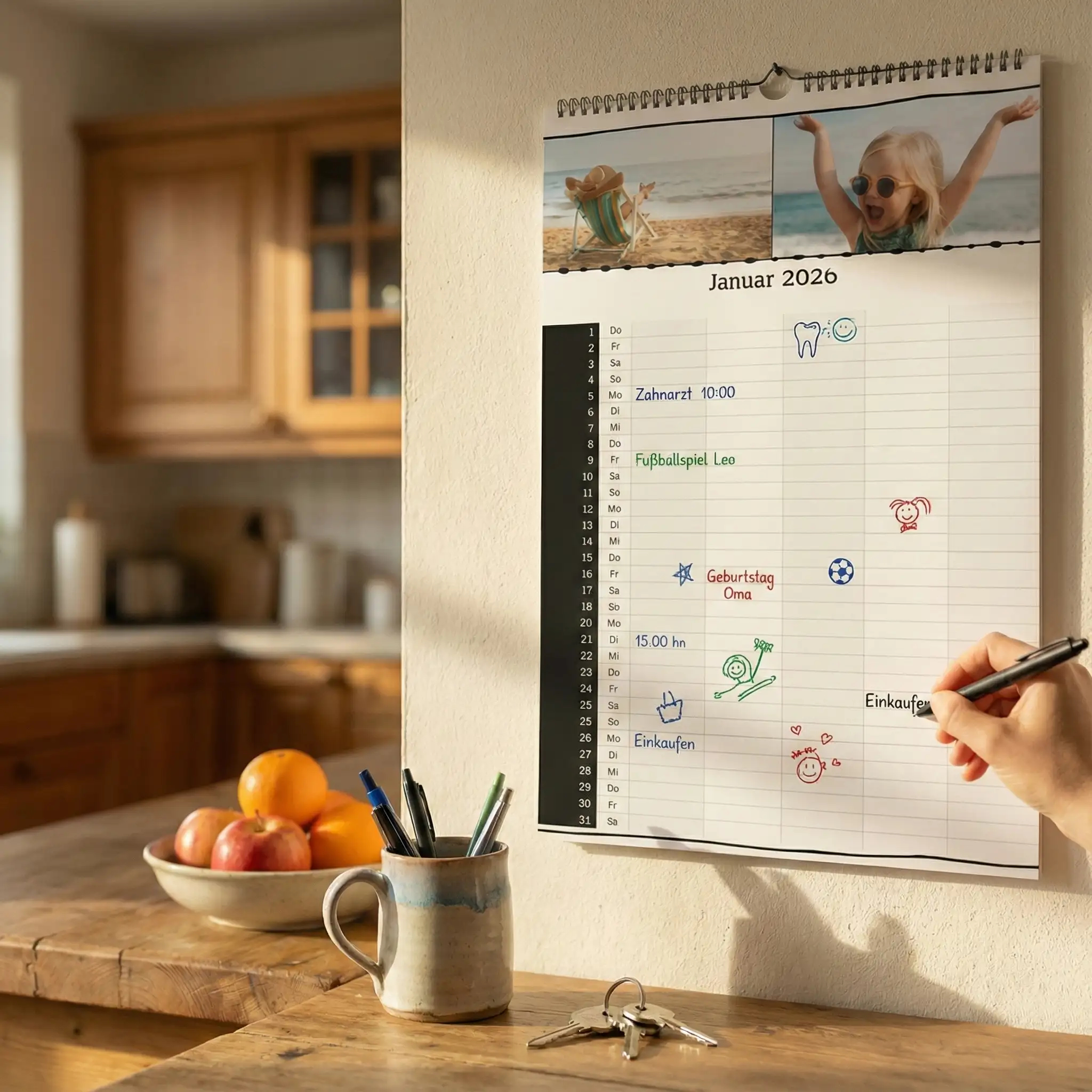 Personalisierter Familienplaner 2026 in der Küche: Beschreibbarer Wandkalender mit bis zu 6 Spalten für Familientermine