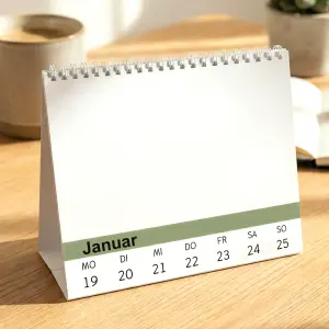 Leerer Tischkalender zum Selbstgestalten auf hellem Eichenschreibtisch, umgeben von Kaffeetasse, Pflanze und Notizbuch in weichem Tageslicht