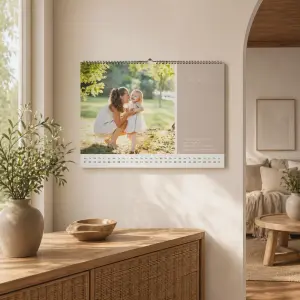 Monatskalender mit Familienfoto in einer hellen wohnlichen Szene, dekorativ an der Wand präsentiert und harmonisch in das Interieur eingebunden.