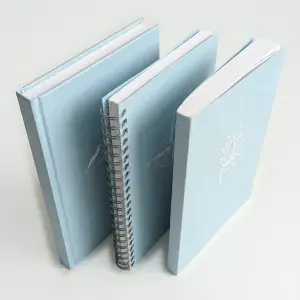 Drei blaue Lehrerkalender im Vergleich: ein Hardcover Buch, ein Ringbuch mit Drahtkammbindung und ein Softcover Buch mit weißen Symbolen auf dem Cover.