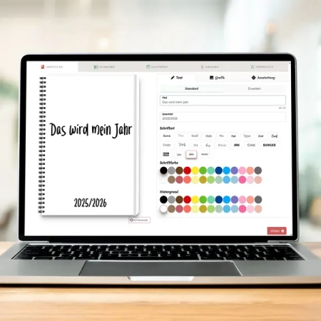 Ansicht des Online-Konfigurators auf einem Laptop: Im Bereich 'Umschlag' werden gerade Titel und Untertitel in die Textfelder eingegeben. Daneben sind die Auswahlmöglichkeiten für verschiedene Schriftarten und Schriftfarben zu sehen.