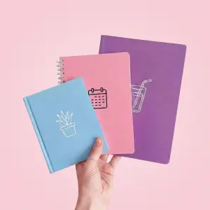 Eine Hand hält drei gestapelte Buchkalender und Notizbücher in unterschiedlichen Größen und den Pastellfarben Blau, Pink und Lila vor einem rosa Hintergrund.