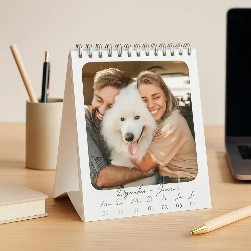 Tischkalender mit Spiralbindung auf einem Holzschreibtisch, platziert neben einem Laptop und Schreibwaren. Das Kalenderblatt zeigt die Woche vom 29. Dezember bis 4. Januar sowie ein Foto eines glücklichen Paares, das einen großen weißen Hund umarmt.