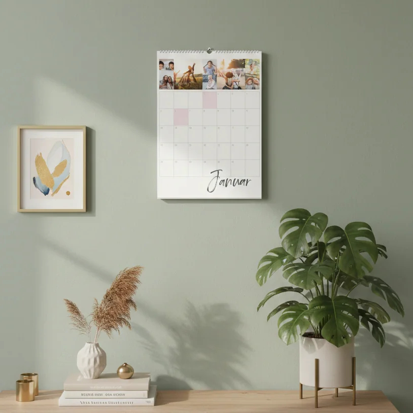 Geburtstagskalender hängend an einer grünen Wand über einem modernen Sideboard in einer hellen Wohnung.