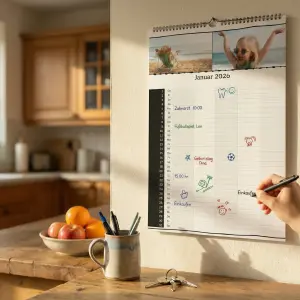Personalisierter Familienplaner 2026 in der Küche: Beschreibbarer Wandkalender mit bis zu 6 Spalten für Familientermine