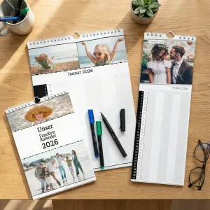 Familienplaner Formate im Vergleich: Schmaler Küchenkalender, A3 und A4 auf einem Holztisch mit Stiften zum Beschriften