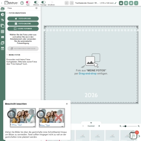 Screenshot der Benutzeroberfläche des Online-Editors für Tischkalender. Die Ansicht zeigt den Arbeitsbereich mit einem Foto-Platzhalter für das Deckblatt 2026, die linke Seitenleiste mit Upload-Funktionen sowie ein Pop-up-Fenster mit dem Titel 'Besch